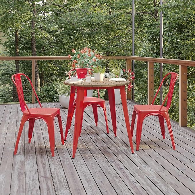 Flash Furniture Declan Commercial Outdoor Dining Table, All Weather Poly Resin Top with Steel Base, 30" Round, Brown/Red