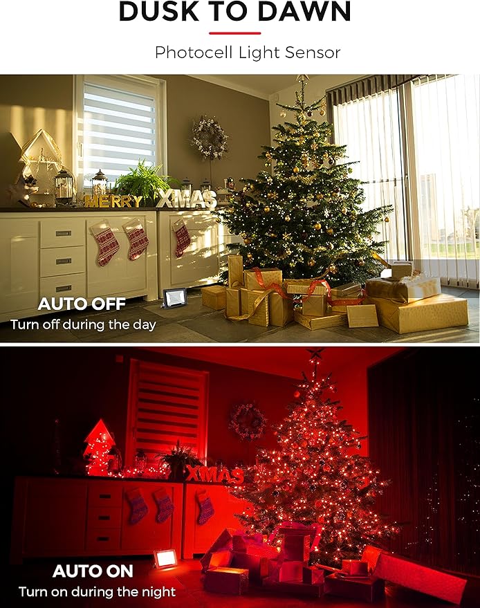 L LOHAS LED Red Flood Light Outdoor, 𝑫𝒖𝒔𝒌 𝒕𝒐 𝑫𝒂𝒘𝒏 50W Plug in Flood Light, IP66 Waterproof Christmas Party Decorations, 2300lm Outdoor Lights for Yard, Garage UL Listed 2 Pack