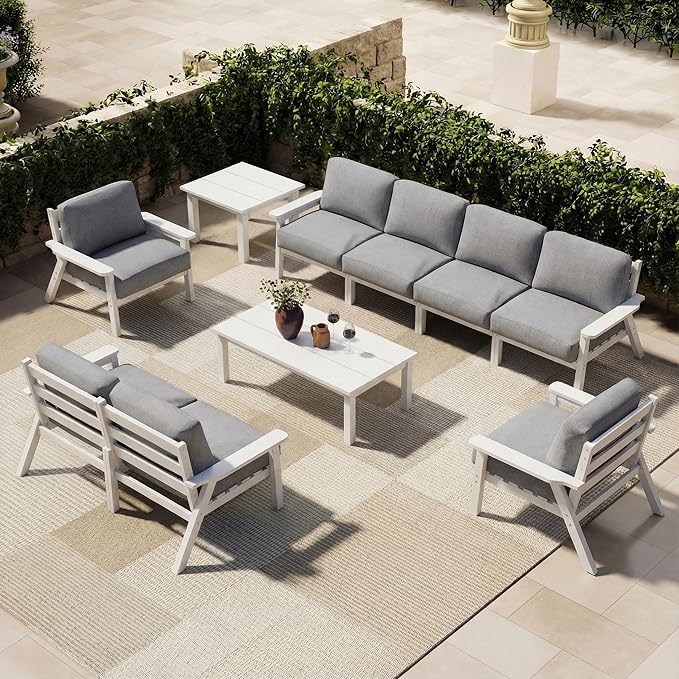 Patio Furniture Set 8 Seats, 4-Seater and 2-Seater Outdoor Sofas with Gray Washable Thick Cushions, Patio Conversation Sets for Lawn, Garden, Porch, Balcony, Deck (Grey Frame)