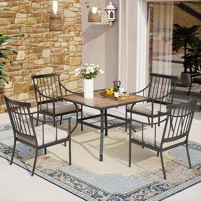 MFSTUDIO 5-Piece Patio Dining Set, 6 Metal Cushioned Chairs, Umbrella Hole | 37" Square Wood-Look Metal Table, Black