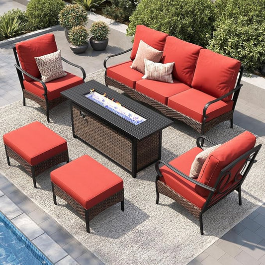 PHI VILLA Patio Furniture Set with 56" Fire Pit Table, Metal Frame Outdoor Conversation Sets, Wicker Patio Sectional Sofa Set with Ottomans for Porch, Deck, Poolside(6 Pieces, Red)