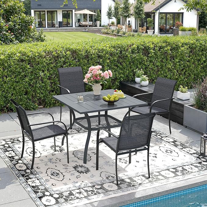 DIFY 5 Pieces Outdoor Dining Table Chair Set, Patio Dining Set with 1 Grey Square Curved Legs Table with and Umbrella Hole & 4 Grey Stackable with Armrests Chairs for Lawn, Garden, Porch