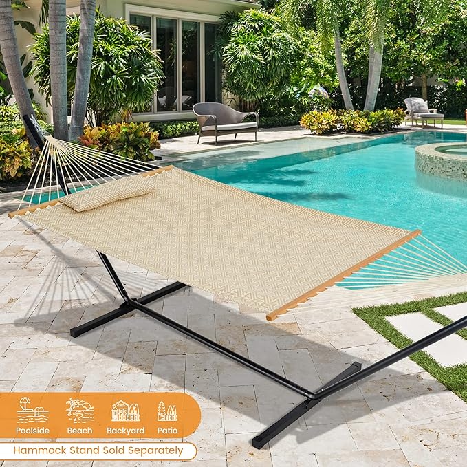Lazy Daze Hammocks 12 FT Sunbrella Fabric Hammock not Fading with Spreader Bars and Free Pillow Fits for 2 Persons, All Weather and Fade Resistant for Patio Yard, 450 lbs Capacity, Meander Wren
