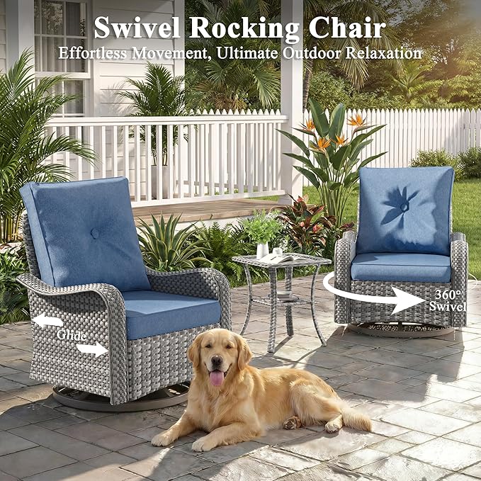 13 Piece Wicker Patio Furniture Set with 55,000 BTU Fire Pit Table, Swivel Rocking Chairs, 4''Cushions, PE Rattan, Wind Guard Glass, for Backyard, Deck or Balcony, Navy