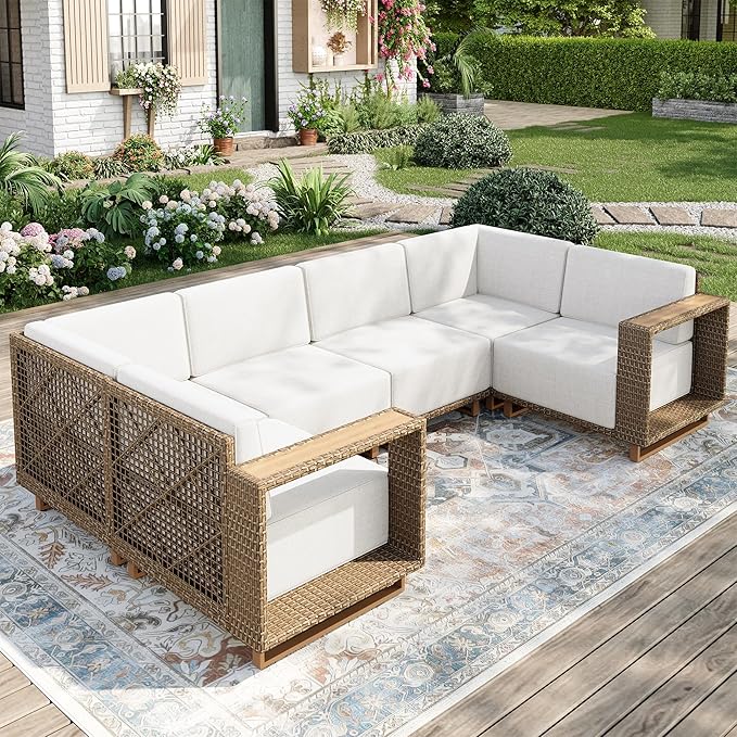 Outdoor Patio Furniture Set, 6 Piece U Shape Patio Couch Rattan Wicker Sofa, Sectional Modular Outdoor Conversation Set with 10" Extra Thick Cushions for Deck Backyard Lawn