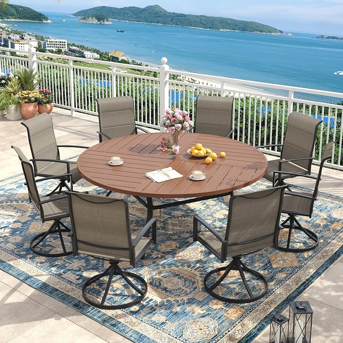 Outdoor Dining Set for 8, 63.1" Outdoor Dining Table with Umbrella Hole and Padded Textilene Patio Swivel Chairs, 9 Pieces Patio Table and Chairs Set for Garden Backyard, Mixed Brown and Walnut