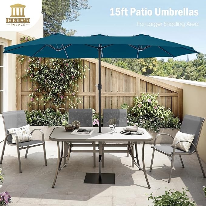 HERA'S PALACE Umbrella Patio Outdoor with Base 15ft Rectangle Table Double Market Umbrellas Clearance Large Included Stand for Deck Outside Pool Picnic Inground Yard Commercial (Cerulean)