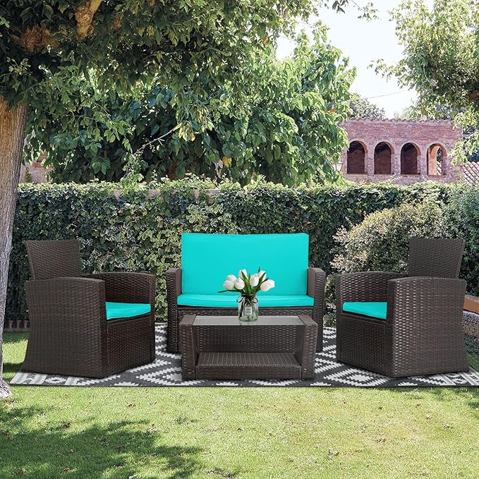 PayLessHere 4 Pieces Patio Conversation Set, Outdoor PE Rattan Wicker Sofa Furniture Set with Soft Cushions and Glass Coffee Table for Backyard Lawn Garden Balcony Porch Poolside (Blue)