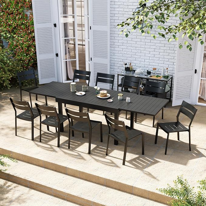 53"-106" Extendable Outdoor Dining Table Black Aluminum Expandable Patio Dining Table for 6-10 People All-Weather Extending Dining Table for Backyard Lawn Garden(Only Table)