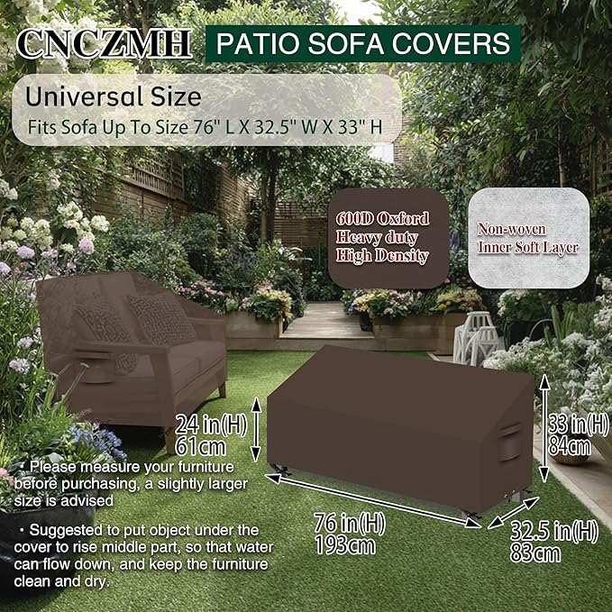 Heavy Duty Patio Sofa Covers Waterproof, Outdoor 3-Seater Couch Cover Waterproof, 600D Outdoor 2-Seater Loveseat Furniture Covers with Air Vent Handle 76''W x 32.5''D x 24''H/ 33''H Brown