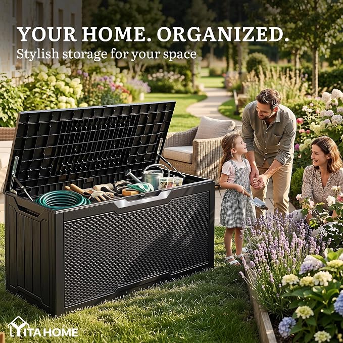 YITAHOME 80 Gallon Outdoor Storage Box, Large Water Resistant Resin Deck Box w/Silver Decorative PVC Trim Panel, Lockable Rattan Storage Container for Patio, Garden, Cushions, Tools (Black & Silver)