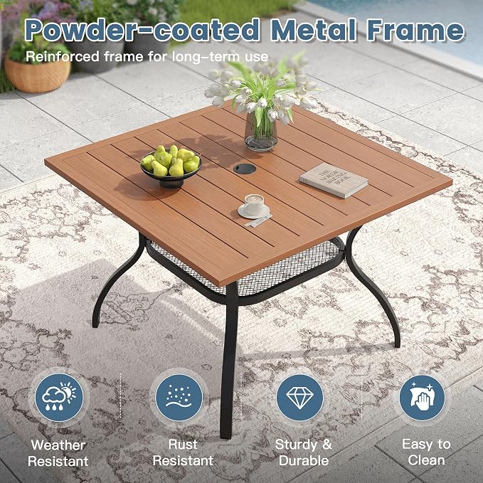 DIFY 5 Pieces Outdoor Dining Set, Metal Patio Table and Chairs Set for 4, 37.8" Square Dining Table with Umbrella Hole & Wicker Stackable Patio Chairs with Cushions, Walnut Tabletop