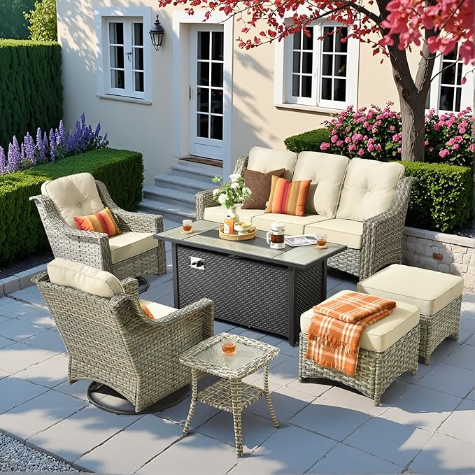 HOOOWOOO Patio Furniture Set,7 Pieces Wicker Outdoor Furniture,High Back Conversation Set with All Weather Resistant Fire Pit Table Couch Swivel Chairs Ottomans,Beige Tan
