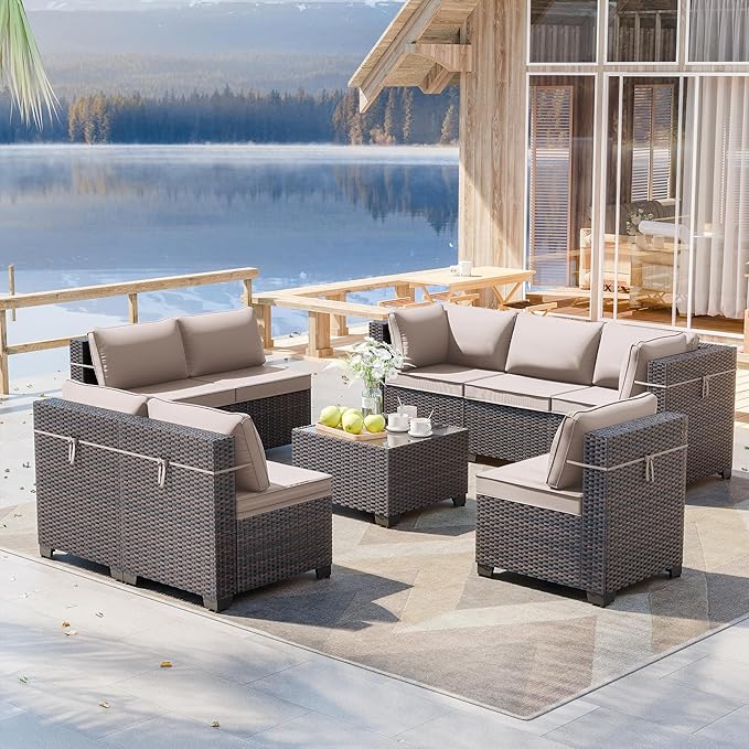 ALAULM 9 Pieces Patio Furniture Set Wicker Patio Conversation Set, Outdoor Sectional Furniture w/Coffee Table & Washable Seat Cushions-Sand