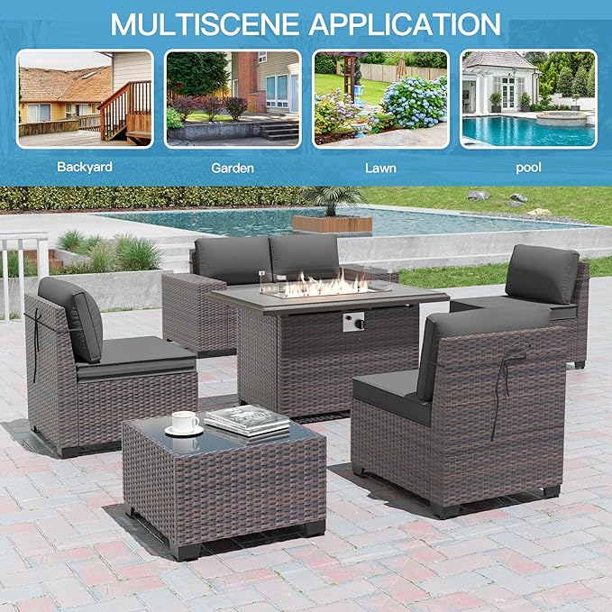 7 Pieces Outdoor Patio Furniture Set with 43"/55000BTU Gas Fire Pit Table,PE Rattan Wicker Outdoor Conversation Sofa Set Non-Slip Cushions Waterproof Covers for Backyard,Poolside,Garden,Grey