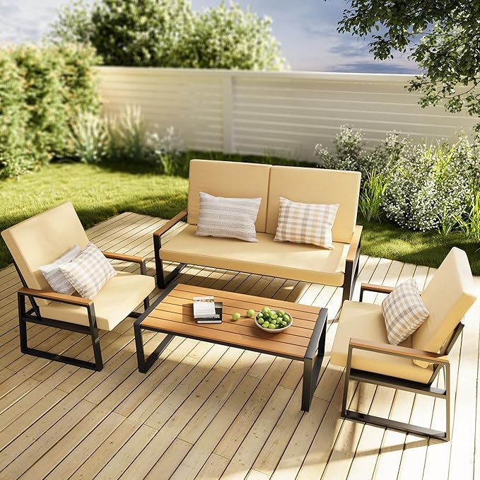 Gizoon 4-Piece Outdoor Patio Furniture Set with Coffee Table and Removable Cushions, Metal Patio Conversation Set for Family, Yard, Poolside (Gray)