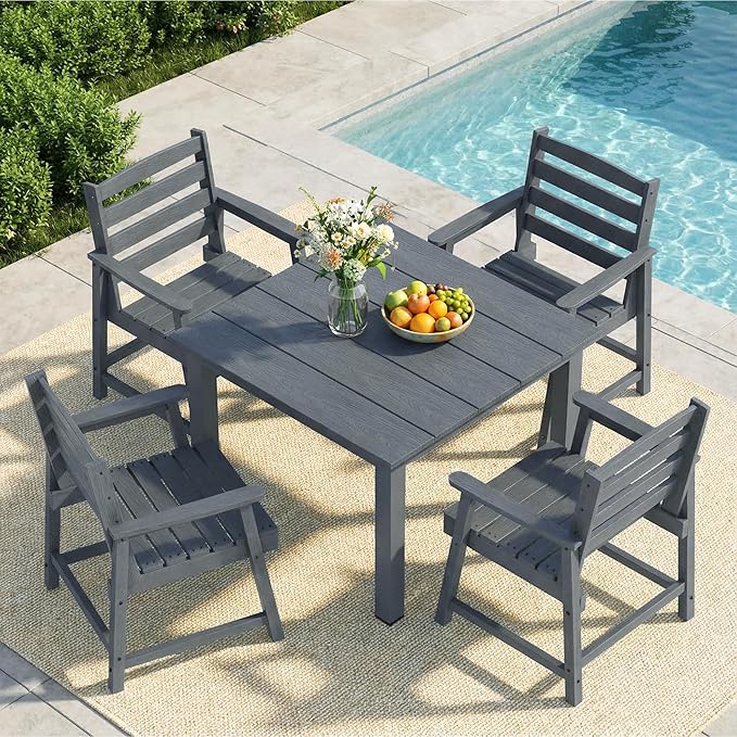 LOUNZY 5-Piece HDPE Patio Dining Set - Outdoor Square Table with 2" Hole Cut-Out & 4 Chairs,Gray