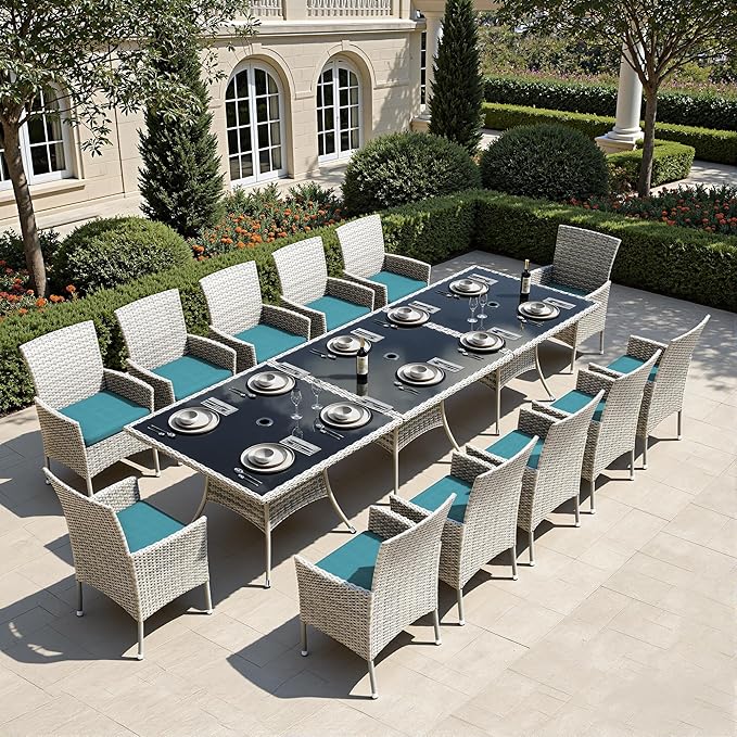 Outdoor Dining Set, 15-Piece Patio Furniture Set with Tempered Glass Table and 12 Cushioned Chairs, Dual-Strand Wicker Rattan, Balcony Furniture for Backyard, Garden, Deck,– Turquoise
