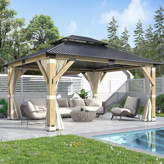 COVERONICS 13FT x 15FT Outdoor Wooden Gazebo - Patio Wood Frame Gazebo with Galvanized Steel Hardtop, Heavy-Duty Hardtop Gazebos with Netting & Curtains for Garden, Poolside, Deck, Backyard