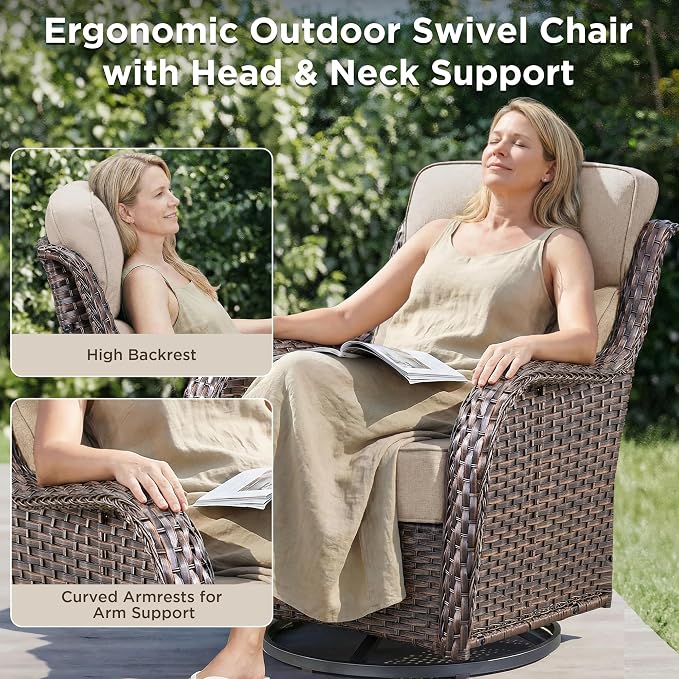 Luxury 6 Pieces Outdoor Patio Furniture Set-All Weather Wicker Outdoor Furniture with Swivel Rocker Patio Chairs 6-inch Extra Thick Cushions Wicker Conversation Set for Deck Garden(Brown/Beige)