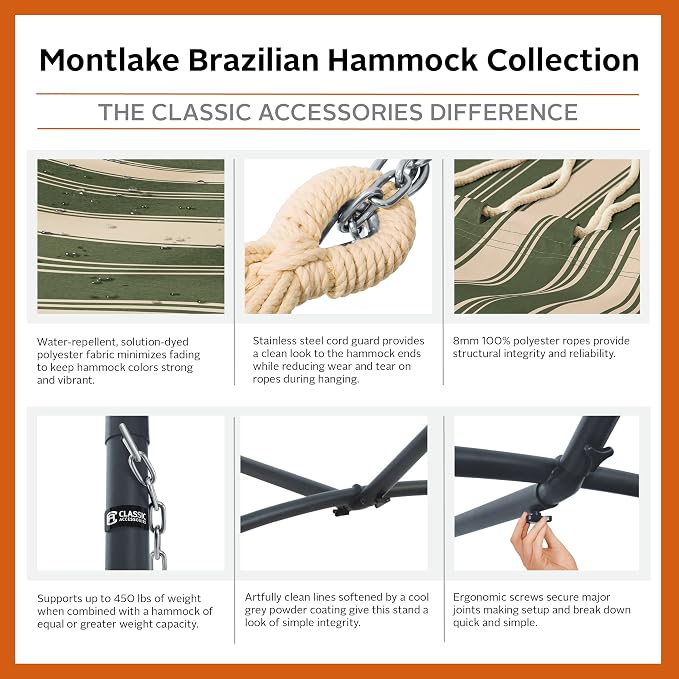 Classic Accessories Montlake Fadesafe Brazilian Hammock with Steel Stand, Heather Fern Green Stripe