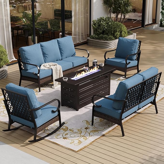 5 Piece Metal Outdoor Patio Furniture Set with Firepit Table, Patio Conversation Set 1 3-Seater Sofa, 2-Seater Sofa, 2 Rocking Chairs with 5.75" Cushion for Backyard Deck, Denim Blue