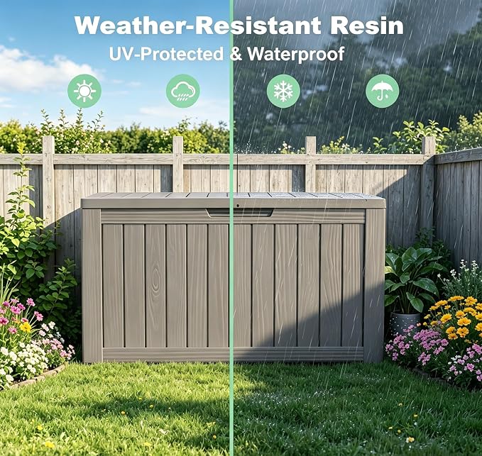 LAUSAINT HOME 120 Gallon Resin Deck Box, Package Delivery Box with Lockable Lid, Waterproof Outdoor Storage Box For Garden Tools, Patio Cushions(120 Gallon,Grey)