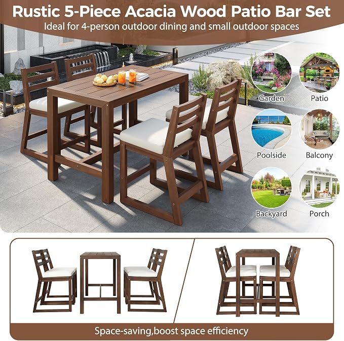 5-Piece Rustic Patio Bar Set, Acacia Wood Bar Table & Chairs with Slatted Tabletop for Backyard, Balcony, Poolside (Mocha11)