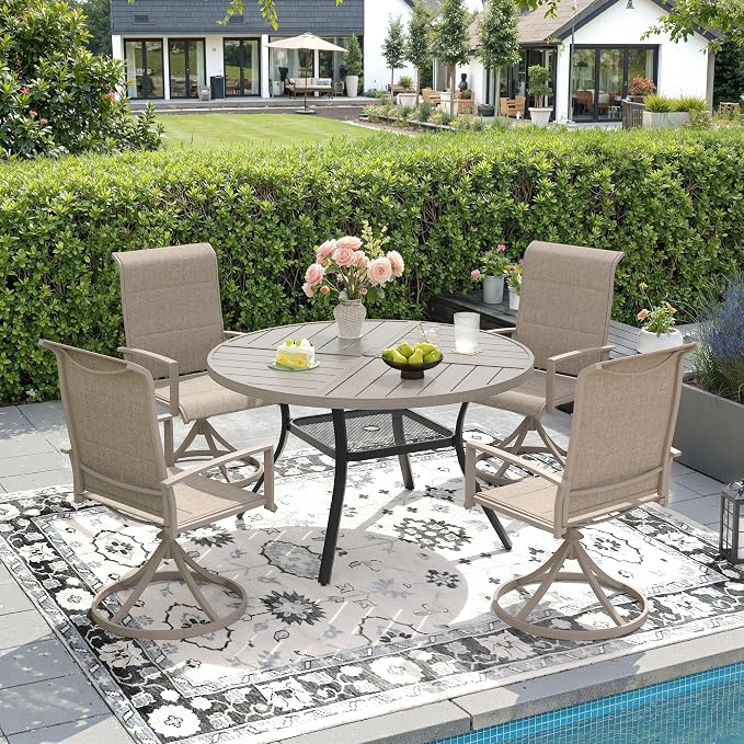 DIFY 5 Piece Outdoor Dining Set, Metal Patio Table and Chairs Set, 40.6" Grey Wood-Like Round Dining Table & 4 Sandshell Padded Textilene Swivel Patio Chairs, Outdoor Furniture Set for Garden Backyard