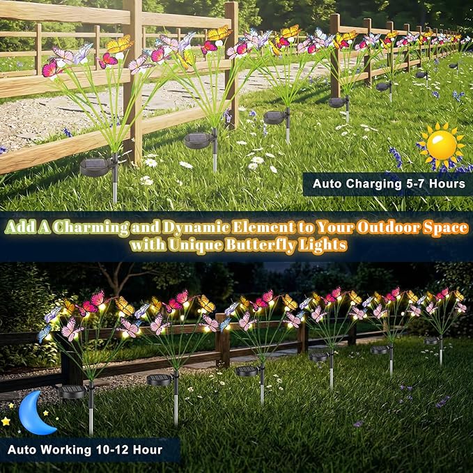 Vivideal Solar Butterfly Lights Outdoor, 2 Pack 16 LED Solar Garden Lights with 2 Modes, IP65 Waterproof Solar Powered Lights for Outside Garden Yard Patio Pathway Decorations