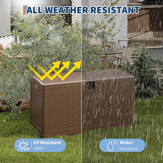 Patikuin 73 Gallon Outdoor Resin Deck Storage Box with Hydraulic Soft-Close Lid, Waterproof Lockable Patio Organizer, Rattan Pattern, Brown
