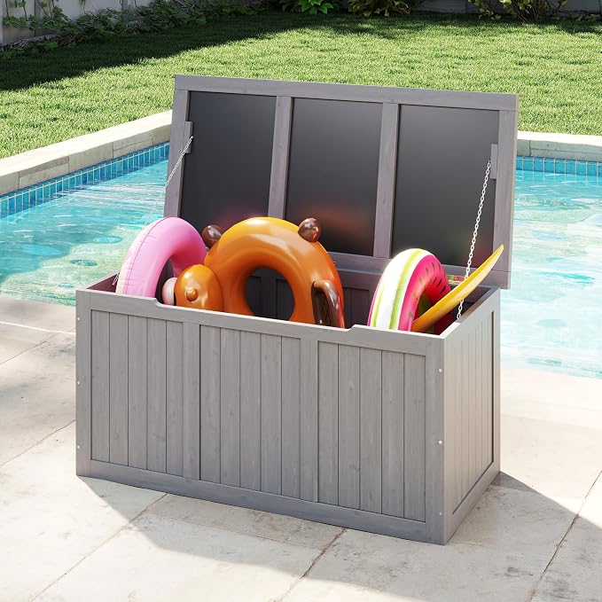 Mederlo 67 Gallon Outdoor Wooden Deck Box Solid Wood Storage Box Seat & Table Top for Patio Furniture Cushions, Pool Toys & Garden Tools
