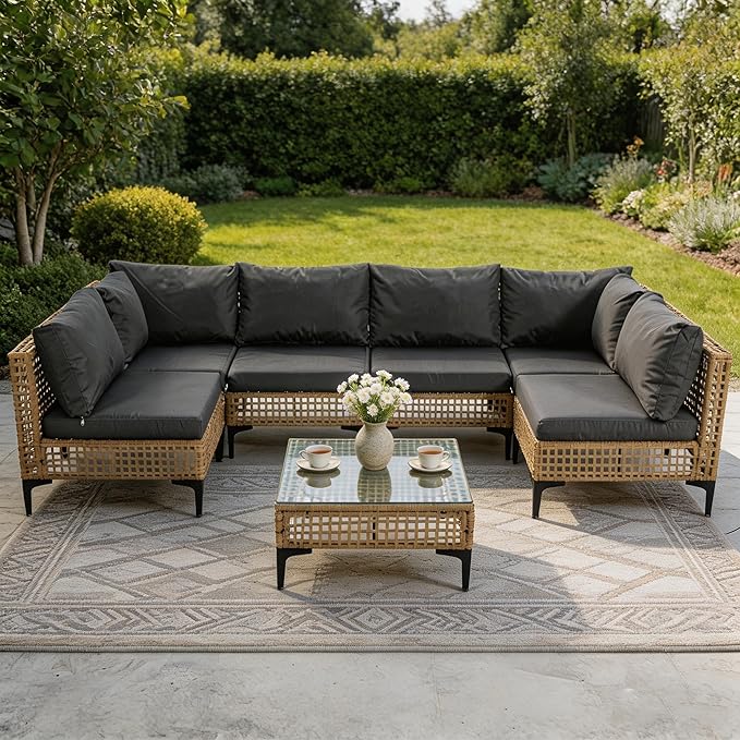 7 PCs Outdoor Patio Furniture All Weather Wicker Rattan Sectional Conversation Sofa Set w/Water Resistant Cushions, Coffee Table for Paito, Lawn, Garden, Grey