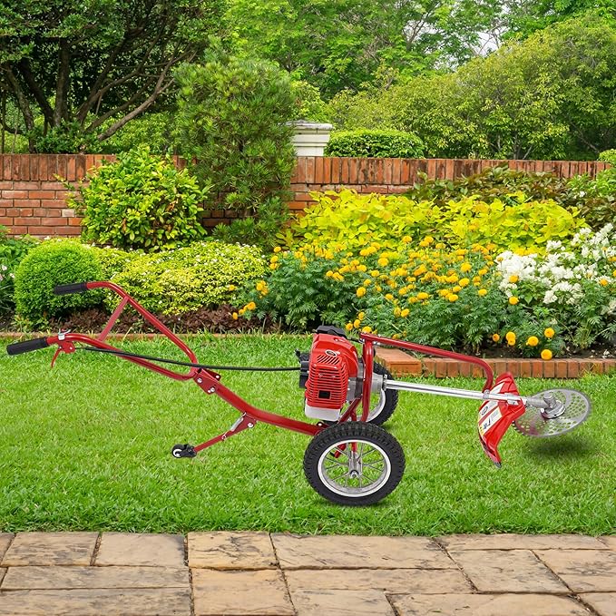 2 Stroke Hand Push Lawn Mower, 49CC Gas Powered Walk Behind Weed Wacker, 6500-7000R/Min Walk Behind String Trimmer with 0.95L Fuel Tank, Gas Weed Eater for Mountains, Hills, Plains