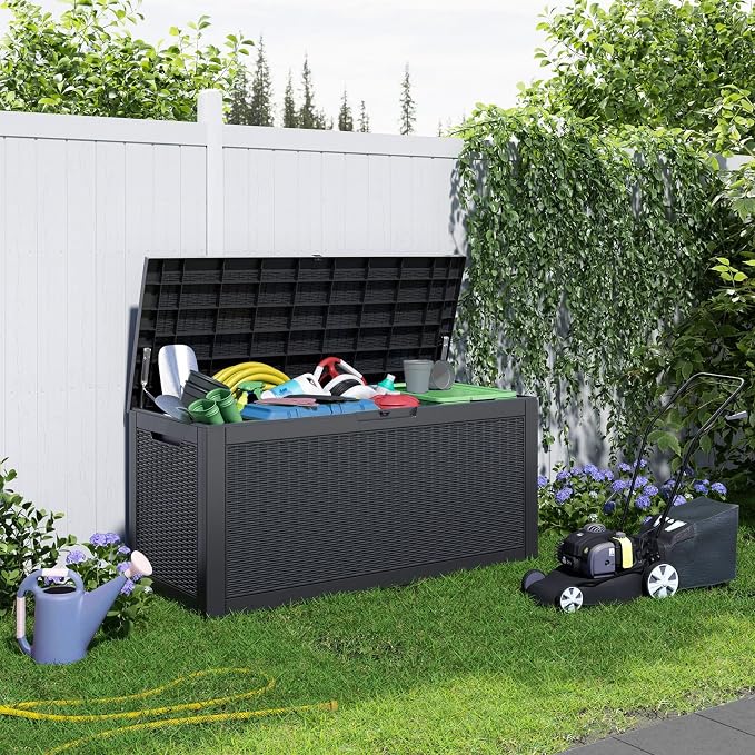 DRATO 100 Gallon Large Deck Box, Outdoor Storage Box for Patio Furniture, Patio Cushions, Gardening Tools, Pool Supplies, 660lbs Weight Capacity, Waterproof Resin Storage Boxes (Black, 100 Gallon)