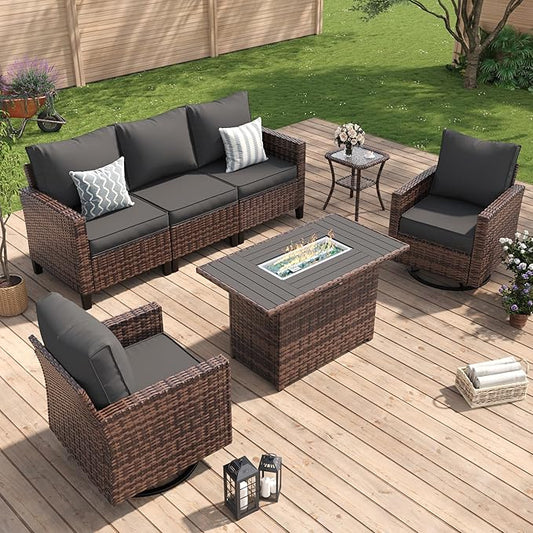 Amopatio Patio Furniture Set, 5-Piece Wicker Outdoor Sectional Sofa with Swivel Rocker Chairs, All-Weather Rattan Conversation Set with Fire Pit Table and Waterproof Cover for Backyard Brown/Grey