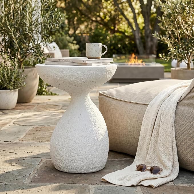 Christopher Knight Home Piper Vase-Shaped MGO Outdoor Side Table, Square Accent Table with Stone-Like Texture, Weather Resistant Small End Table with Hourglass Design for Indoor/Outdoor Usage, White