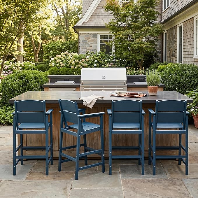 4 Pack HDPE Outdoor Bar Height Chairs, 28.5" All-Weather Patio Stools with Comfortable Armrests, Heavy-Duty Poly Wood High Top Seating for Outdoor Kitchen/Garden/Fire Pit/Backyard, Blue