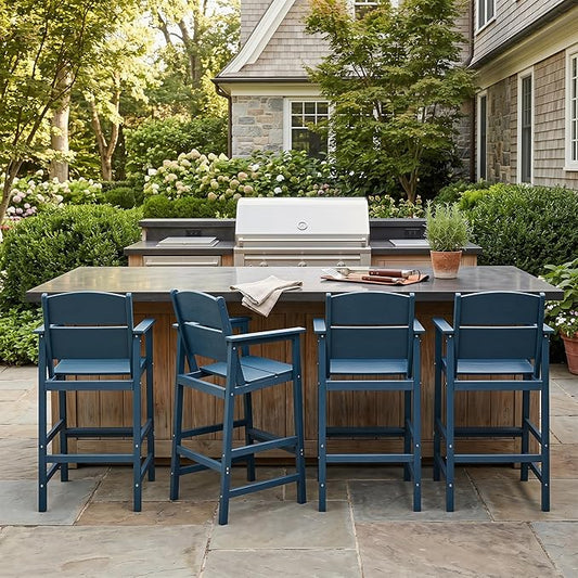 4 Pack HDPE Outdoor Bar Height Chairs, 28.5" All-Weather Patio Stools with Comfortable Armrests, Heavy-Duty Poly Wood High Top Seating for Outdoor Kitchen/Garden/Fire Pit/Backyard, Blue