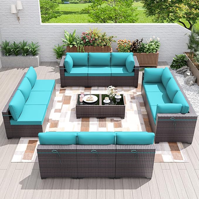 Patio Furniture Set 14-Piece Outdoor Furniture for Backyard Wicker Sectional Sofa Set, PE Rattan Patio Conversation Set 12 Seat with 4 Inch Thickened Cushions and Glass Coffee Tables, Blue