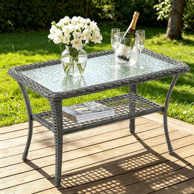 MEETWARM Wicker Patio Coffee Table, 34.5" Rectangle Outdoor Coffee Table with Tempered Glass Top and 2-Tier Storage Shelf, All-Weather Rattan Patio Side Table for Outside Poolside Deck Garden, Gray