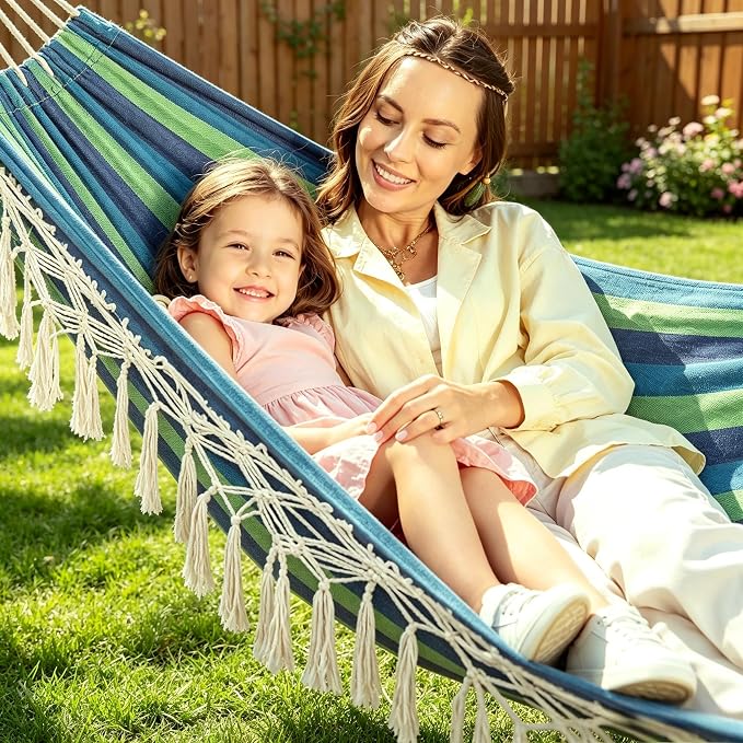 Bellzacasa Brazilian Double Camping Hammock, Portable Hammock Heavy Duty 500 lb Load Capacity Tassels and Fishtail Knitting with Carry Bag & Tree Straps for Patio Balcony Backyard, Blue Stripes