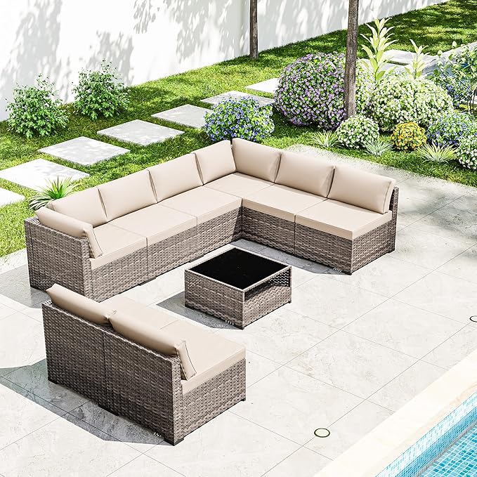 Joyside 9-Piece Patio Furniture Set, Rattan Outdoor Sectional Wicker Patio Conversation Set with Cushions and Coffee Table