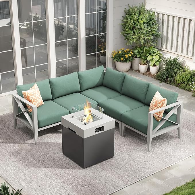 Aluminum Outdoor Furniture Set with Fire Pit Table,5-Seats Conner Patio Sectional Conversation Sofa with 5.2" All-Weather Cushions and Coffee Table,Outdoor Patio Furniture Set(White)