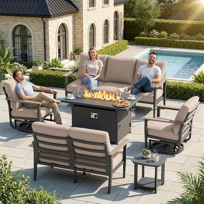 Aluminum Outdoor Patio Furniture Set, 6-Piece Sectional Sofa with 5.1" Thick Cushions, Swivel Rocking Chairs, 55,000 BTU Propane Fire Pit Table, Outdoor Couch for Backyard, Deck, Khaki