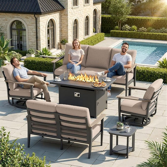 Aluminum Outdoor Patio Furniture Set, 6-Piece Sectional Sofa with 5.1" Thick Cushions, Swivel Rocking Chairs, 55,000 BTU Propane Fire Pit Table, Outdoor Couch for Backyard, Deck, Khaki
