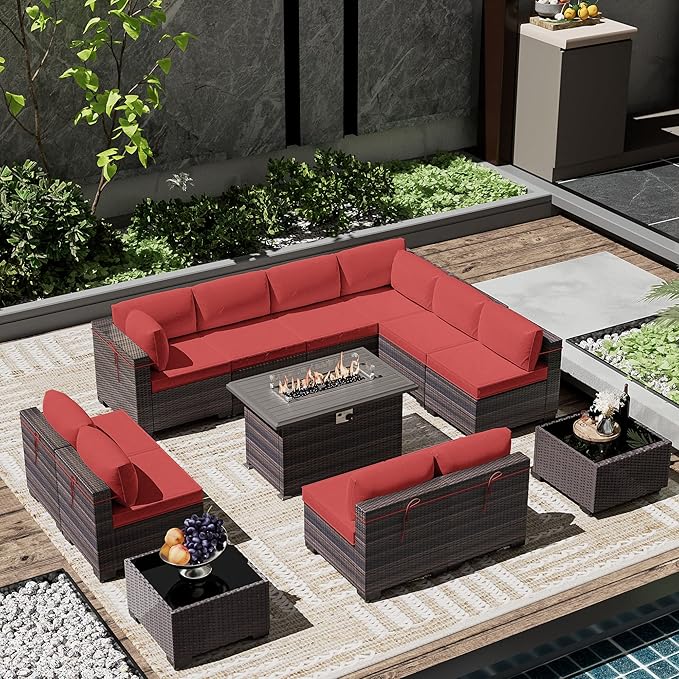 Outdoor Patio Furniture Set with Gas Fire Pit Table, 13 Pieces Outdoor Furniture Set Patio Sectional Sofa w/43in 55000 BTU Propane Fire Pit, PE Wicker Rattan Patio Conversation Sets - Red