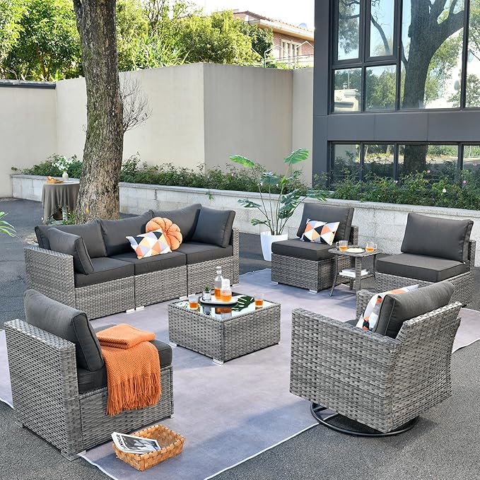 ovios Outdoor 9 Piece Coversation Set with Swivel Rocking Chair,Sectional Patio Furniture Set with All-Weather Wicker Sofa,Modern Outside Couch for Balcony Backyard Pool, Black