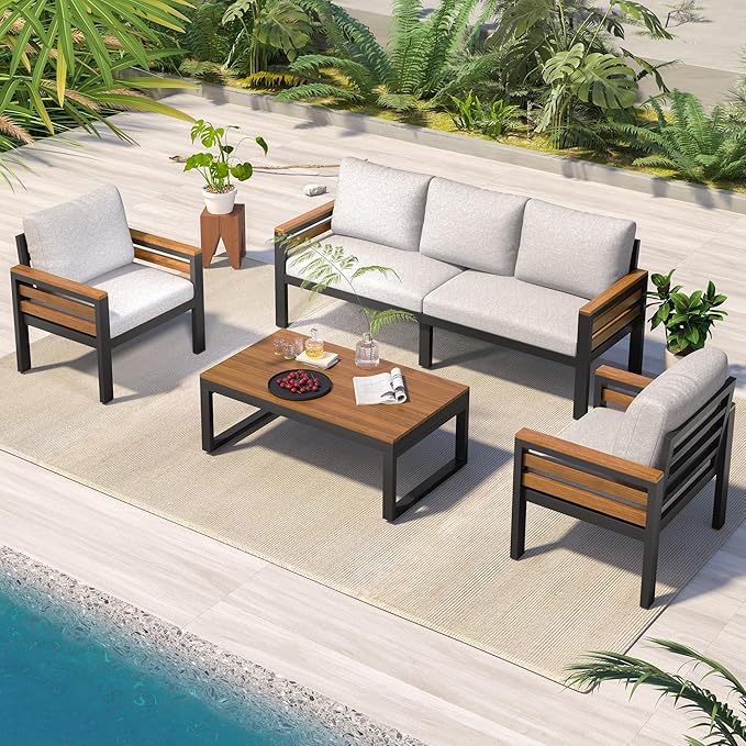 KLMM 4-Piece Outdoor Sofa Set for 5 People with Acacia Wood Armrests, Patio Conversation Set with Removable Cushion and Solid Wood Coffee Table,for Garden Backyard (Beige#g)