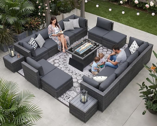 NICESOUL 15 Piece Outdoor Sectional with Fire Pit Table, Modern Luxury Patio Deep Seating w/Firepit, 29.3'' High-Back Wicker Couch Thick, Big High-Weight Capacity Sofa for Terrace, Yard, Dark Gray